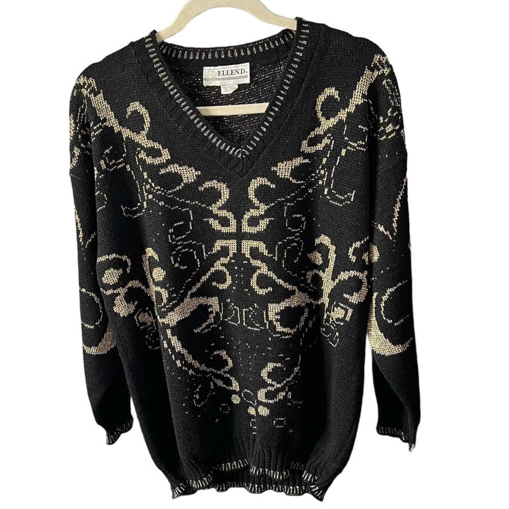 Vintage 80s Ellen D. Black & Gold Sweater- Decorative Metallic Gold Swirl Design